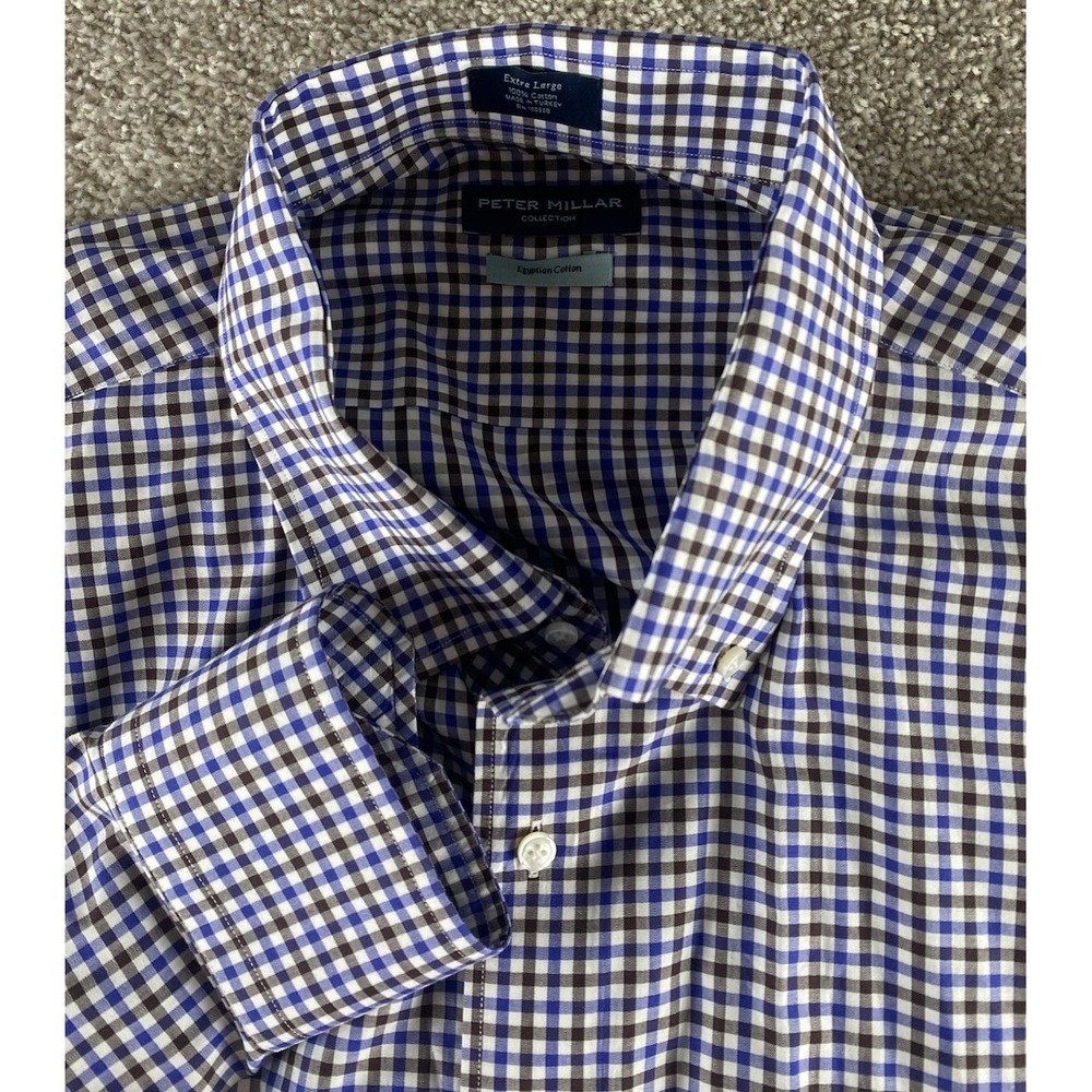 Peter Millar Egyptian Cotton Collection Blue Colorful Plaid Shirt Mens XL Preppy